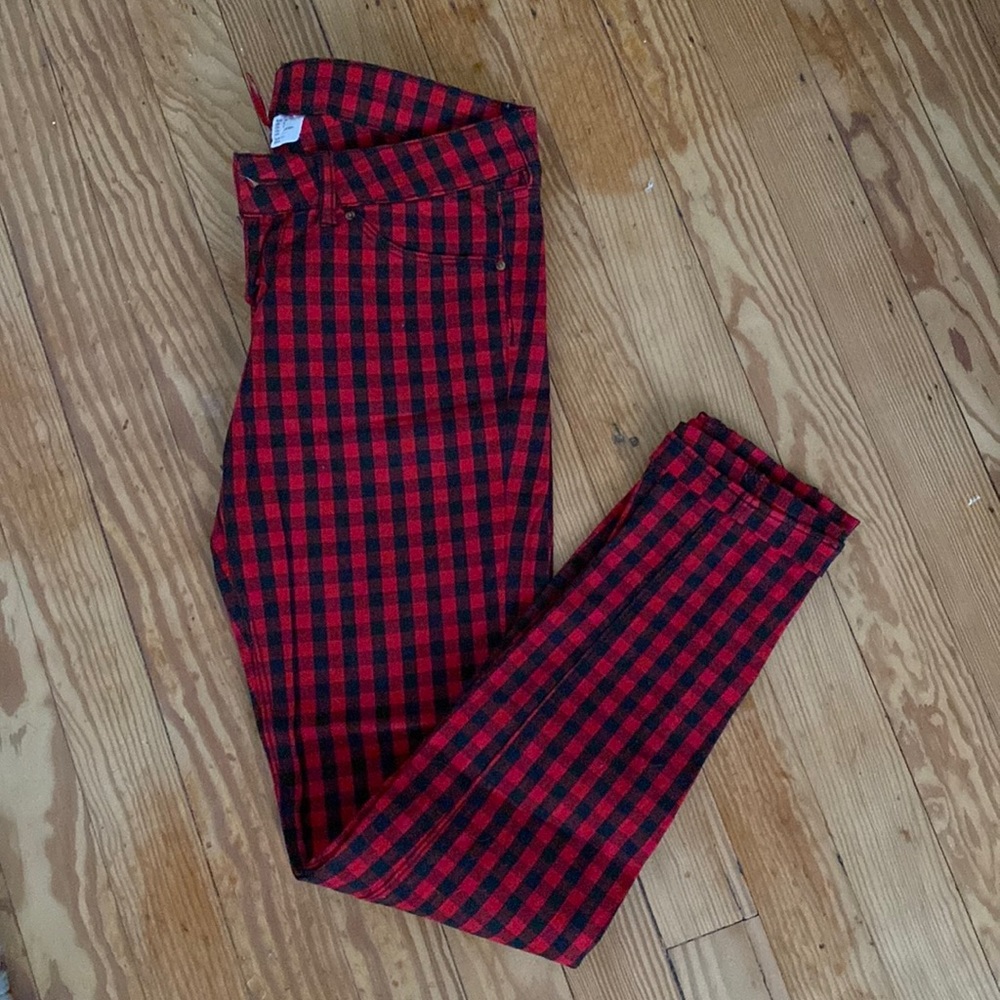 Red and Black Plaid Skinny Pants